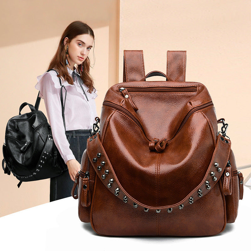 Korean Style Women's PU Backpack Simple Rivet Student Schoolbag r Portable Shoulder Crossbody Bag Zipper