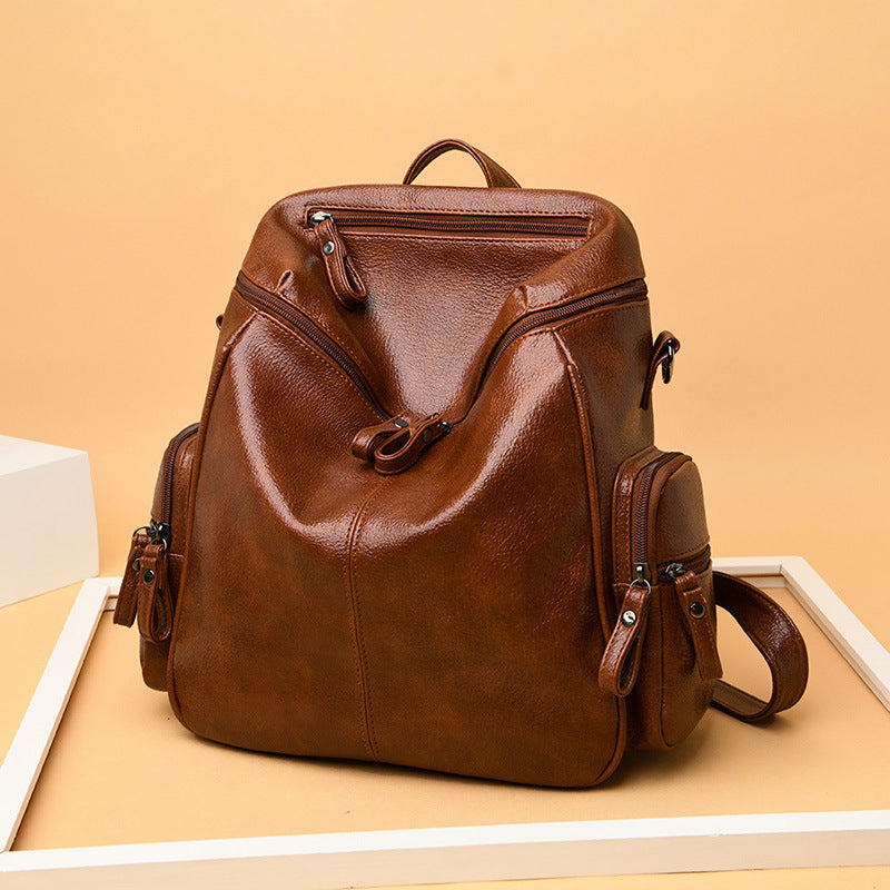 Korean Style Women's PU Backpack Simple Rivet Student Schoolbag r Portable Shoulder Crossbody Bag Zipper