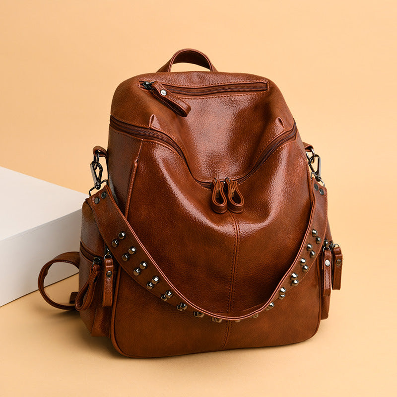 Korean Style Women's PU Backpack Simple Rivet Student Schoolbag r Portable Shoulder Crossbody Bag Zipper